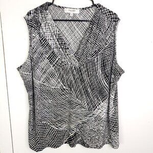 Jones Studio Top WOmens 3X V Neck Sleeveless Jersey Stretch Ruched Neck Busy